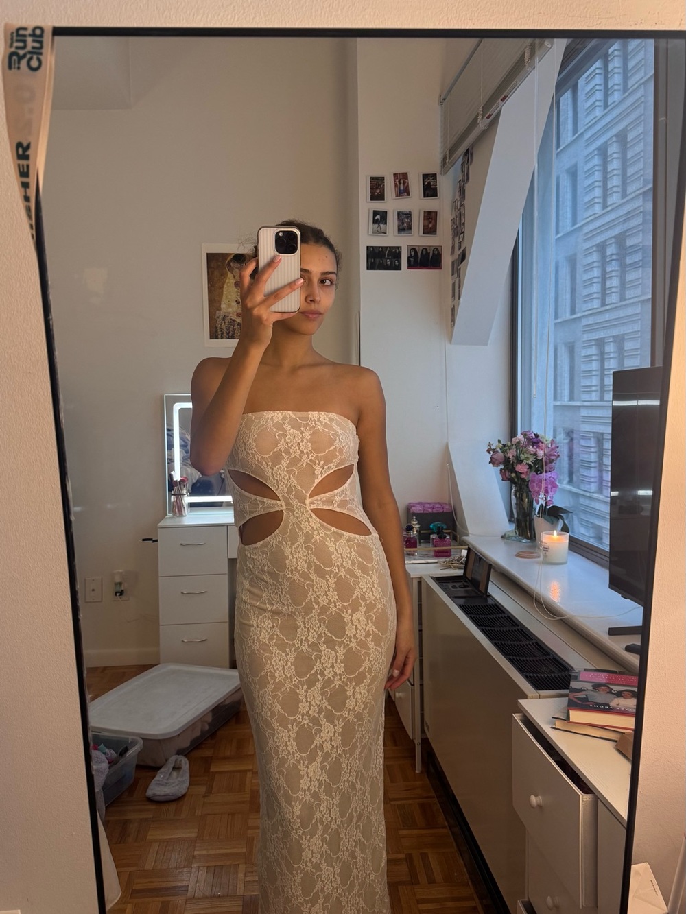 Meshki Cream Lace Cutout Maxi Dress